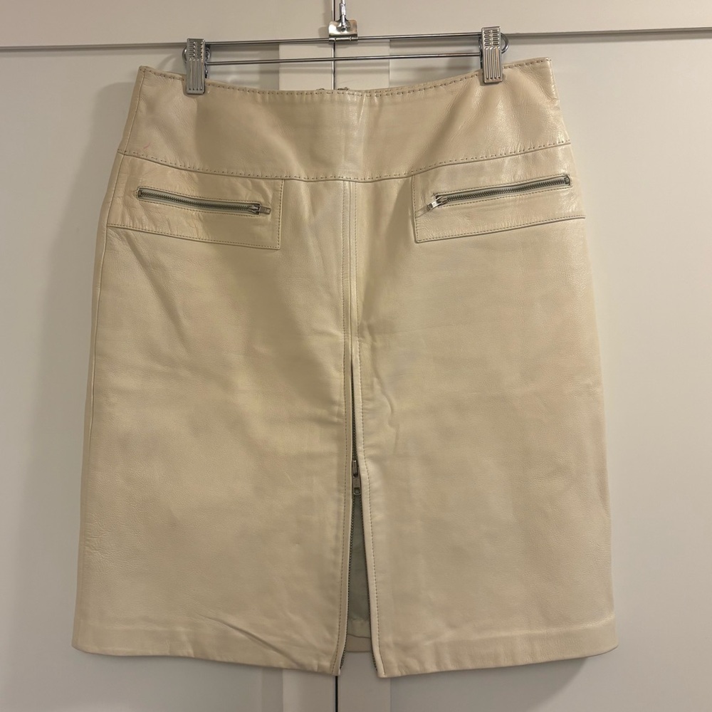 Cache VTG 100% Leather Ivory/Cream Zip Detail Pencil Skirt 6/S